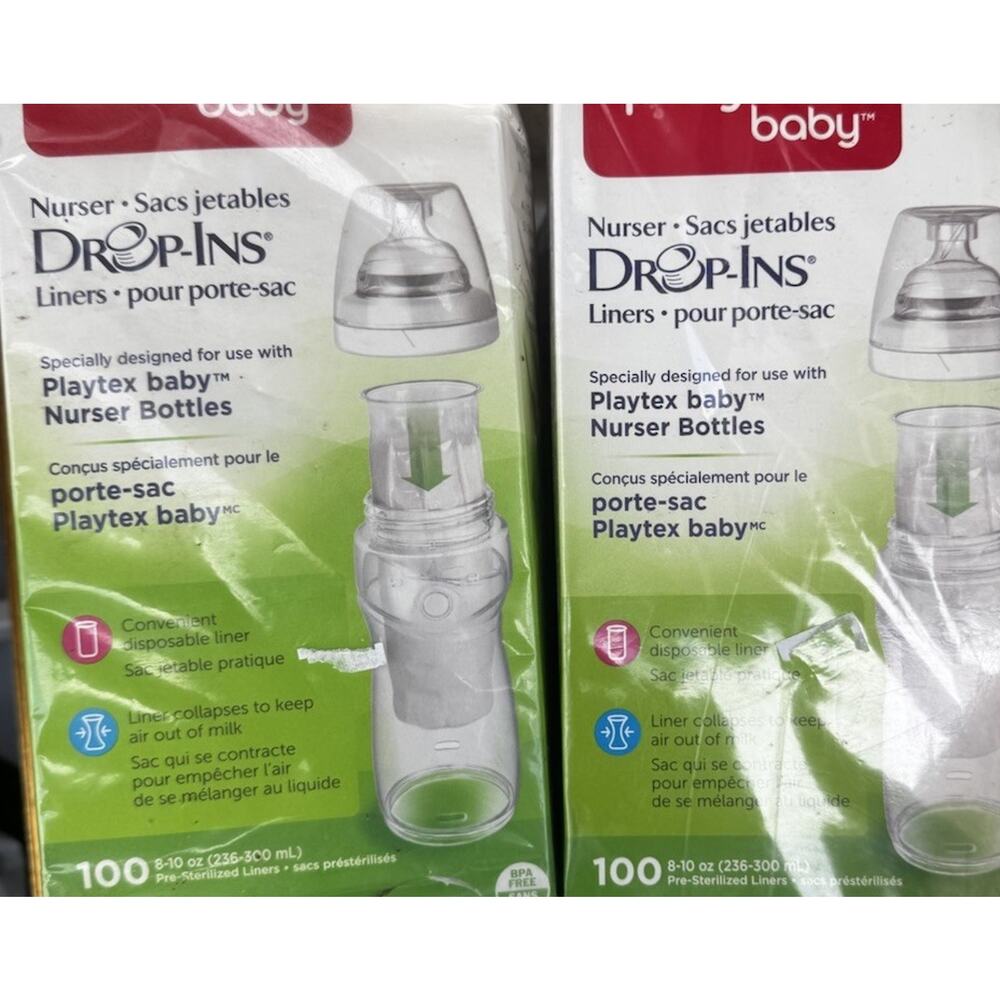 2 Boxes Playtex Baby Nurser Drop-Ins Liners 8-10 oz 100 Count NEW Box Sealed
